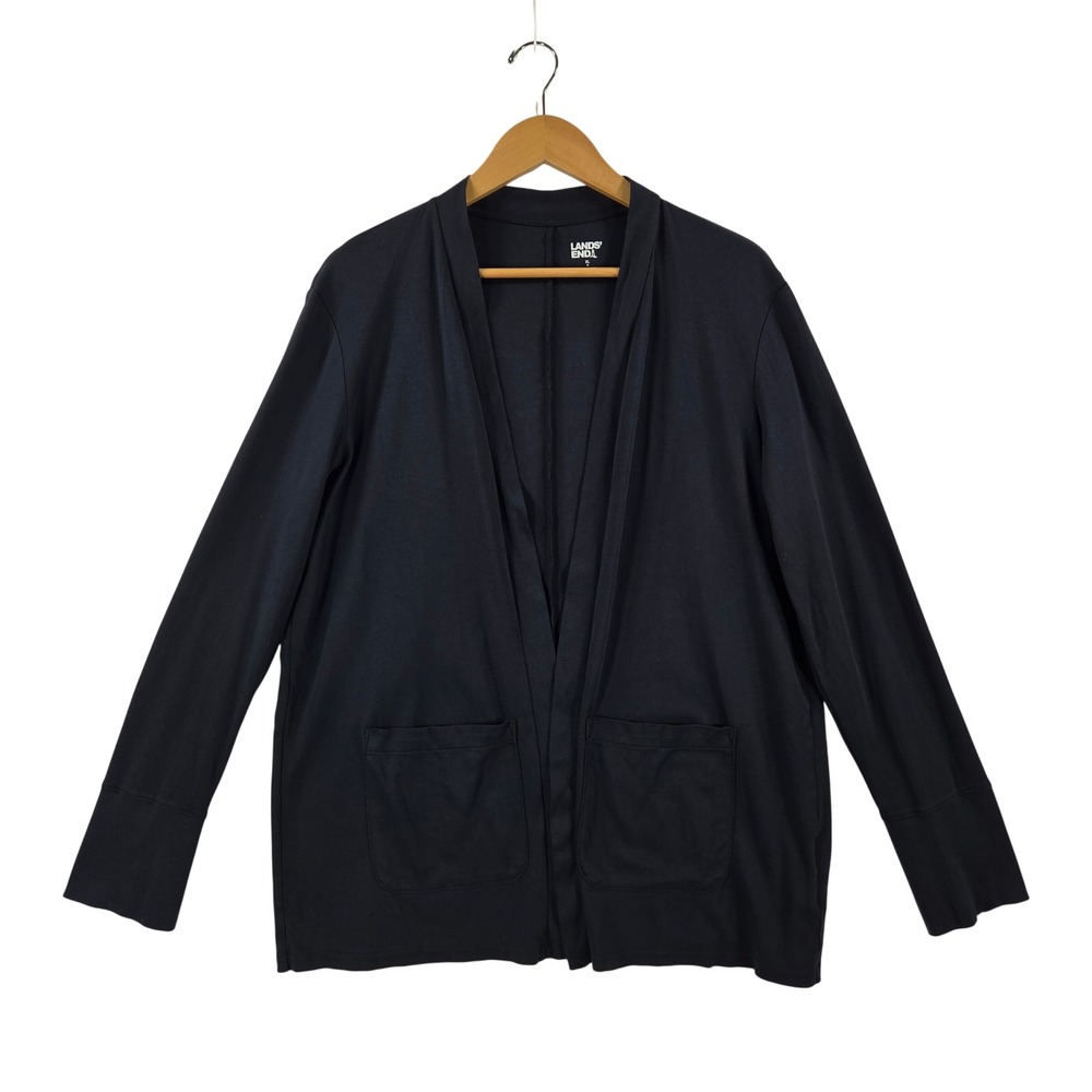 Lands End Womens XL Navy Blue Cotton Modal Open Front Cardigan Gold Button Cuff